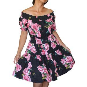 No Secrets Italian Floral Mini Cocktail dress cotton elastic waist size 12/Large